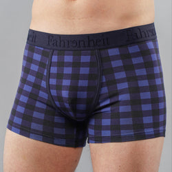 Grant Trunk front close model blue buffalo check plaid cotton Fahrenheit men's underwear eco-friendly