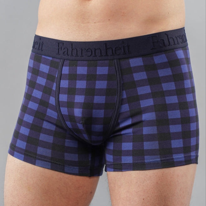 Grant Trunk front close model blue buffalo check plaid cotton Fahrenheit men's underwear eco-friendly