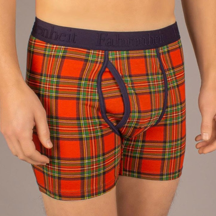 Newman Boxer Brief front in Royal Stewart red Multi plaid tartan by Fahrenheit cotton men's underwear eco-friendly