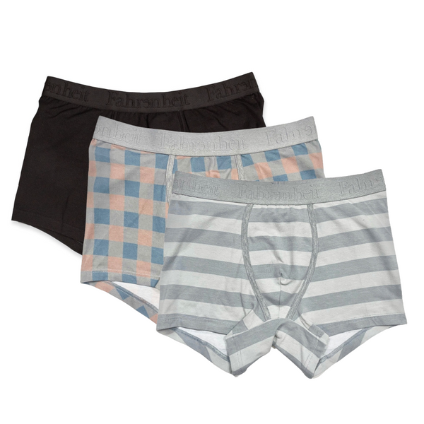 Three pairs of men's underwear in black, plaid, and striped patterns on a white background.