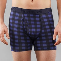 Newman Boxer Brief front close model blue buffalo check plaid cotton Fahrenheit men's underwear eco-friendly