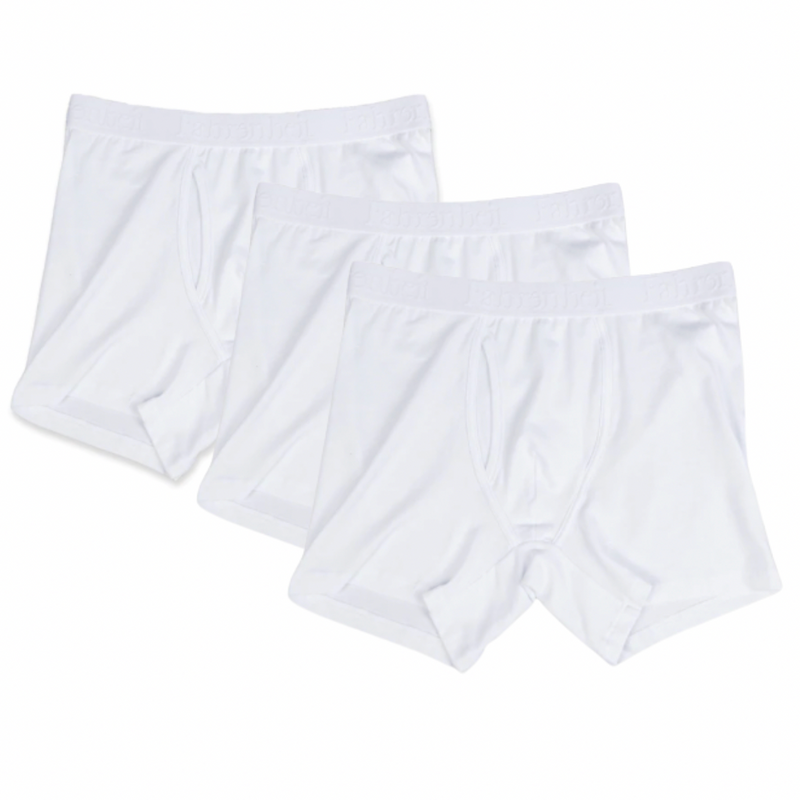 Three pairs of white boxer briefs on a white background