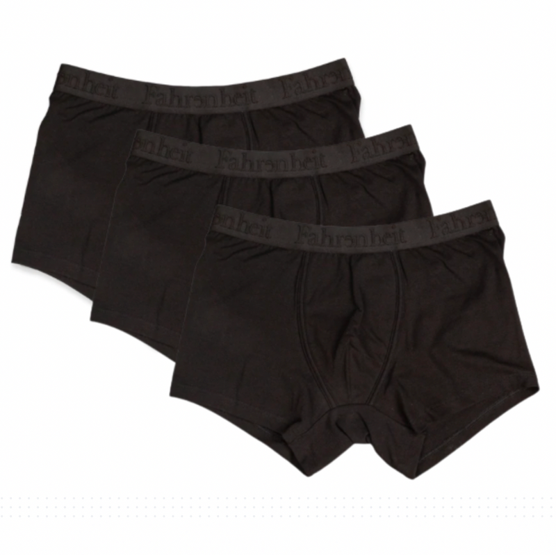 Three pairs of black boxer briefs with brand label on a white background