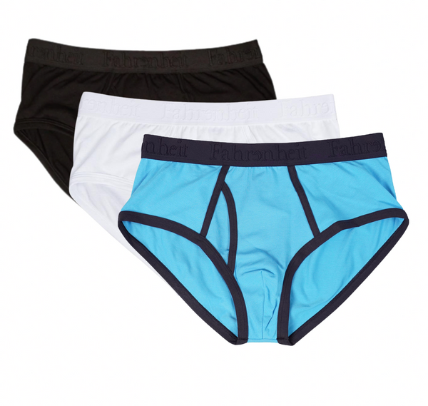 Three pairs of men's underwear in black, white, and blue with black waistbands on a white background.