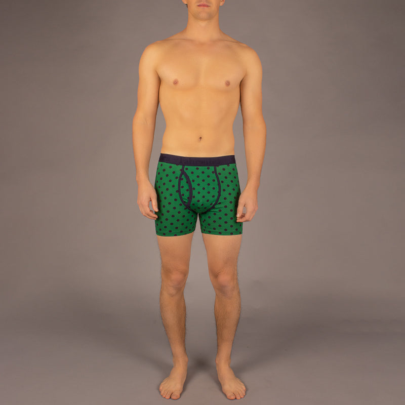 Newman Boxer Brief model in Polka Dot Green/Navy by Fahrenheit