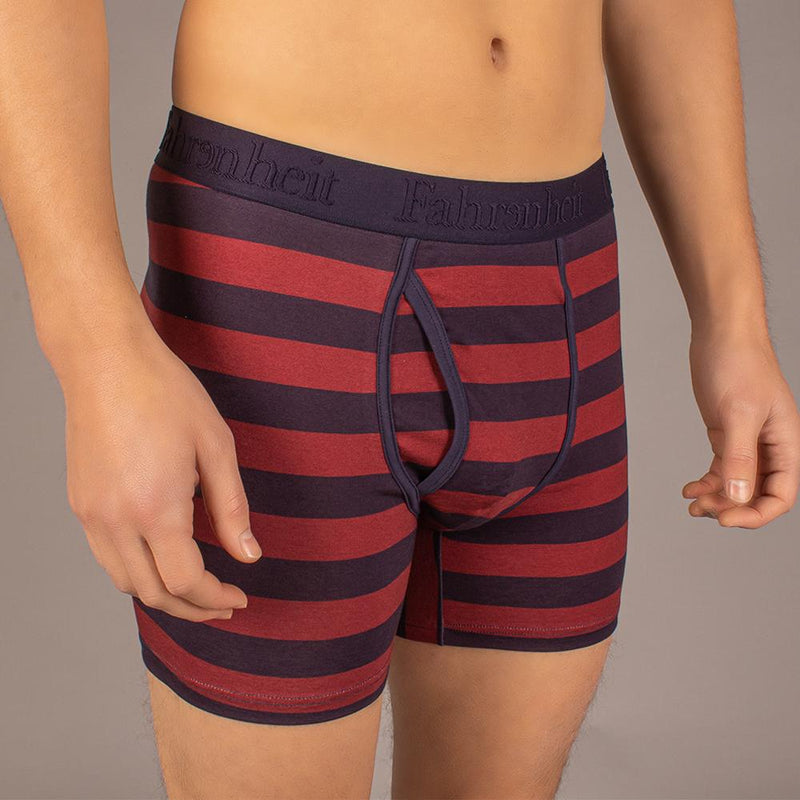 Newman Boxer Brief model in Rugby Stripe Navy/Burgundy by Fahrenheit