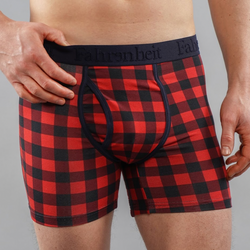 Newman Boxer Brief front close model red buffalo check plaid cotton Fahrenheit men's underwear eco-friendly