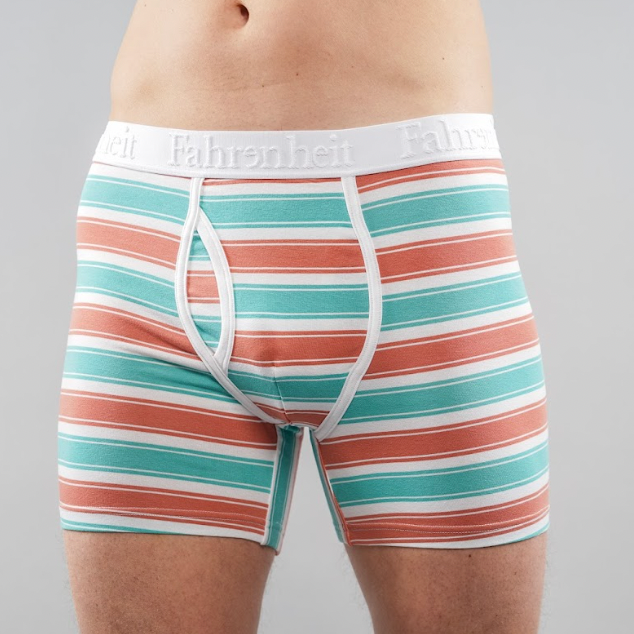 225_NEWMAN_BOXER_BRIEF_ECO-FRIENDLY_FAHRENHEIT_UNDERWEA_GREEN_CORAL_STRIPE_FULL_MODEL_CLOSE_FRONT